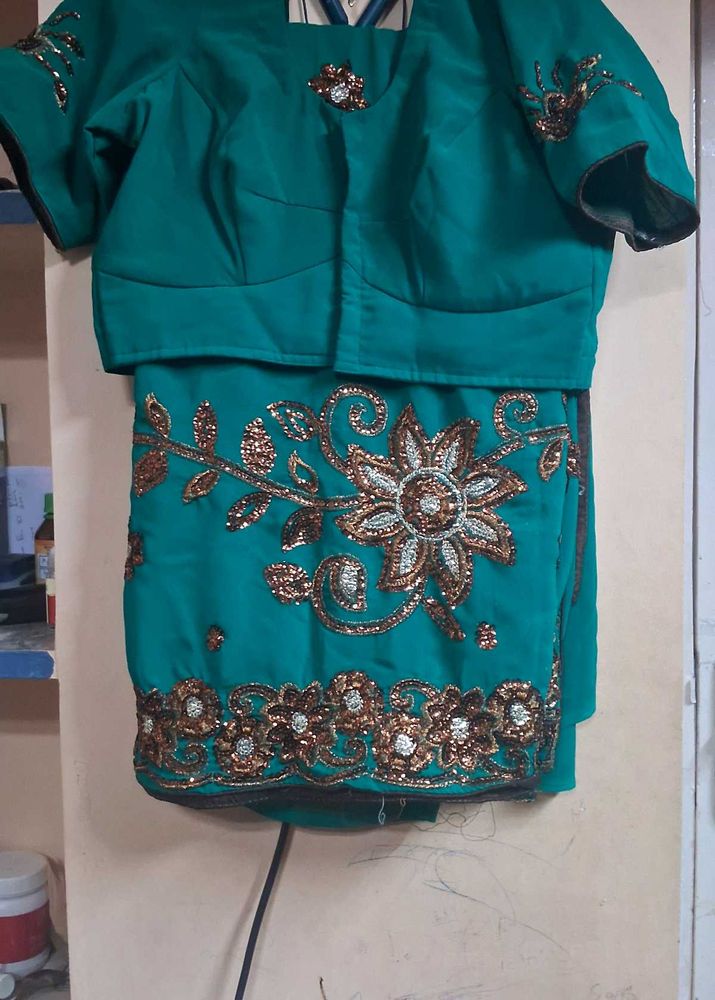 Green Embroidered  chamki work Saree &amp; Blouse