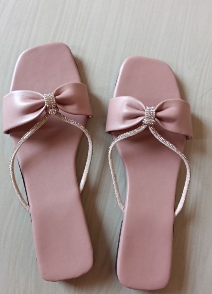 Peach Shiny Straps Flats For Women