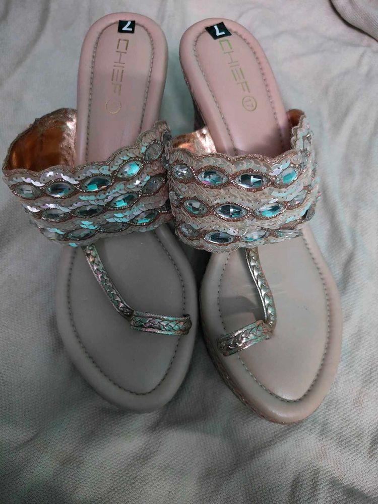 Wedge Sandals .. Sequence And Pearl Work