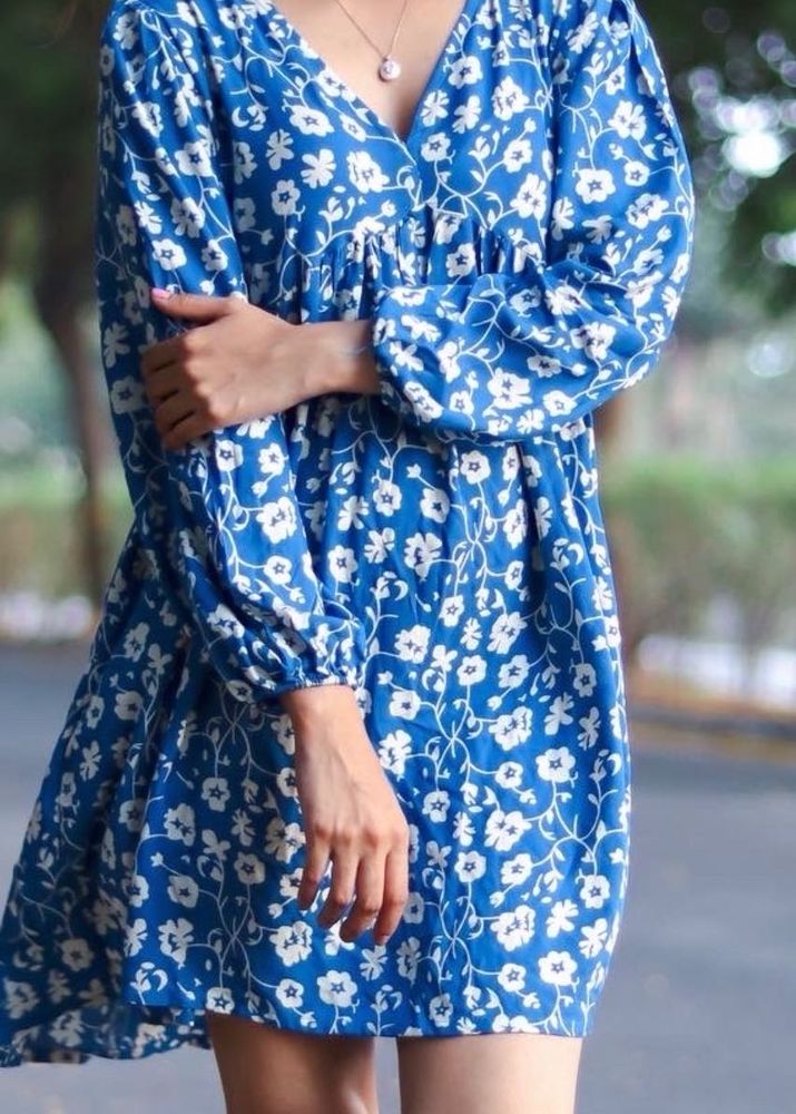 Cotton Blue Floral Print Mini Dress