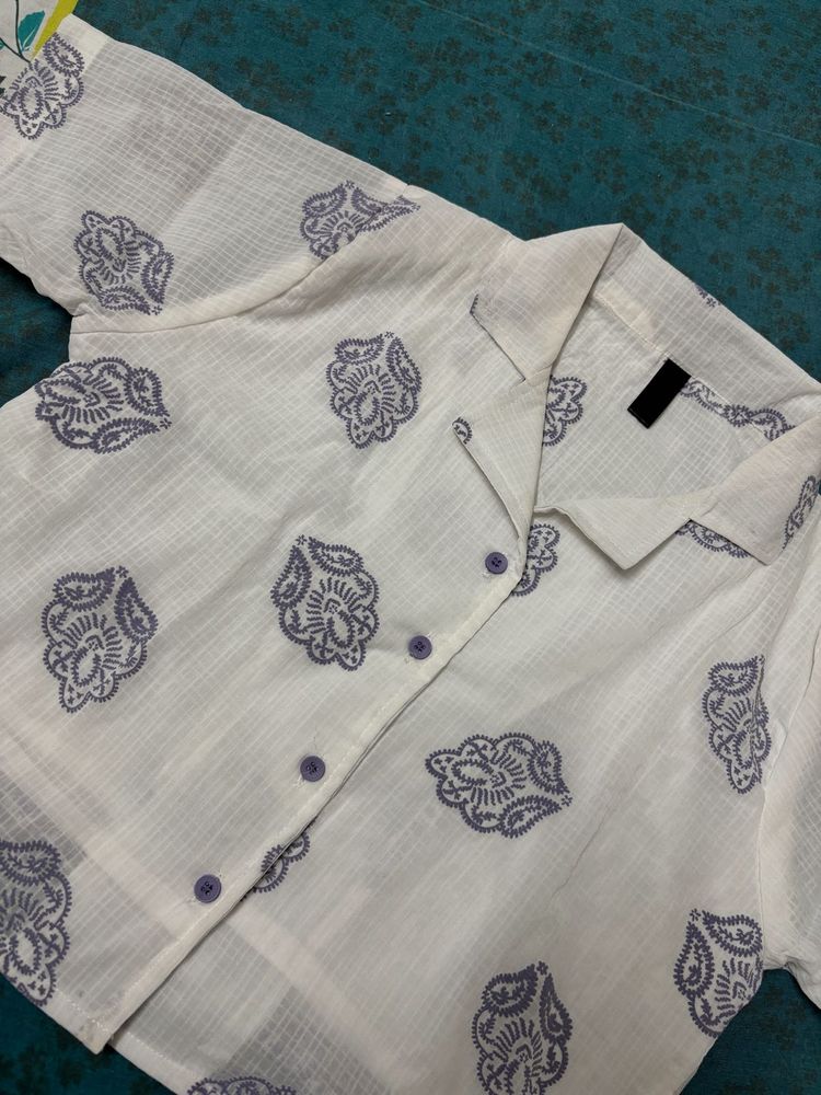 White and Lavender Cotton Printed Button Shir