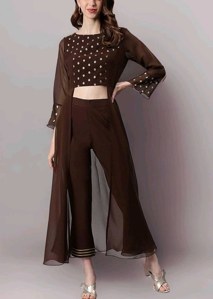 Brown Crop Top Pant with Shrug