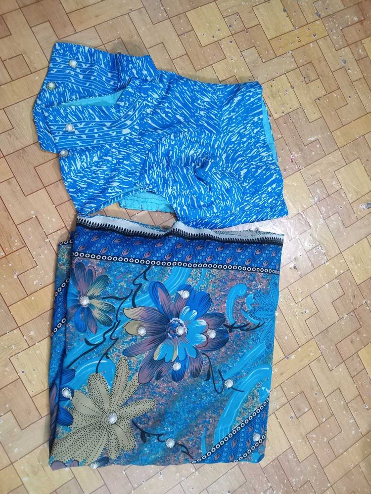 Blue Floral Saree with readymade Blouse