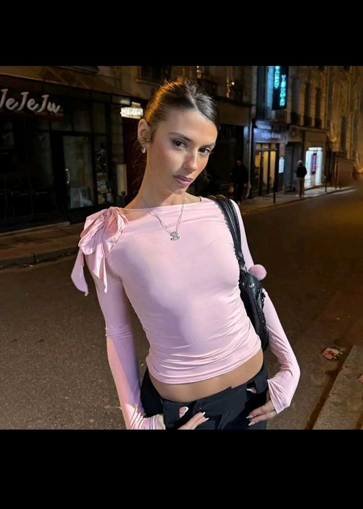 Pink Tie-Shoulder Top