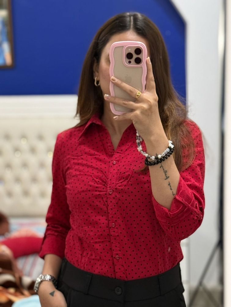 Red Shirt With Black Polka Dots