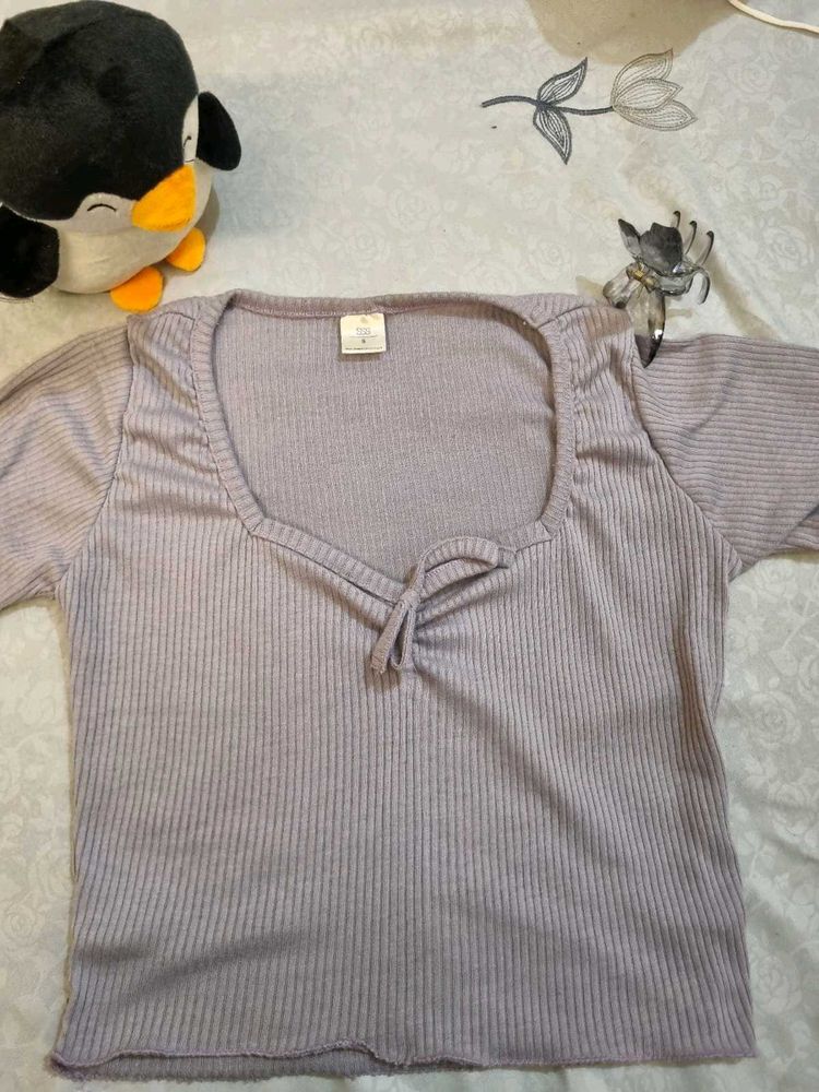Lilac Ribbed Tie-Front Top