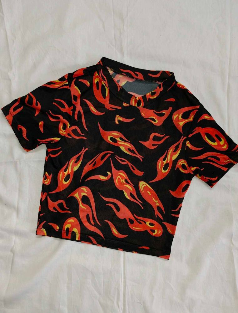 Flame Print Mesh Top