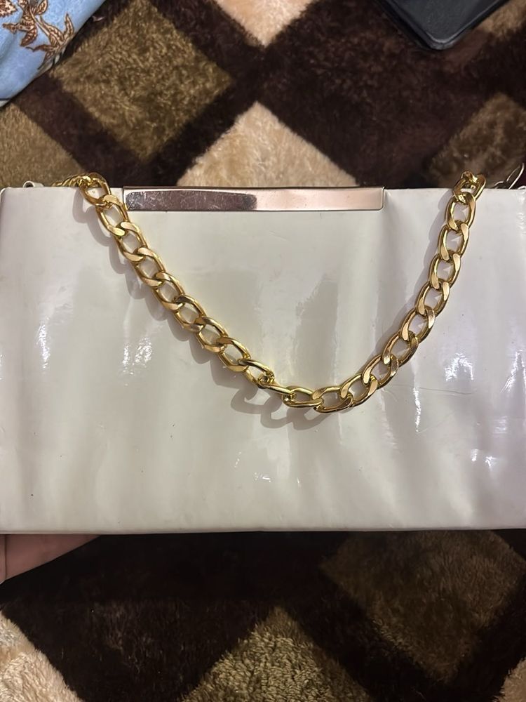 White purse type clutch with Gold Chain
