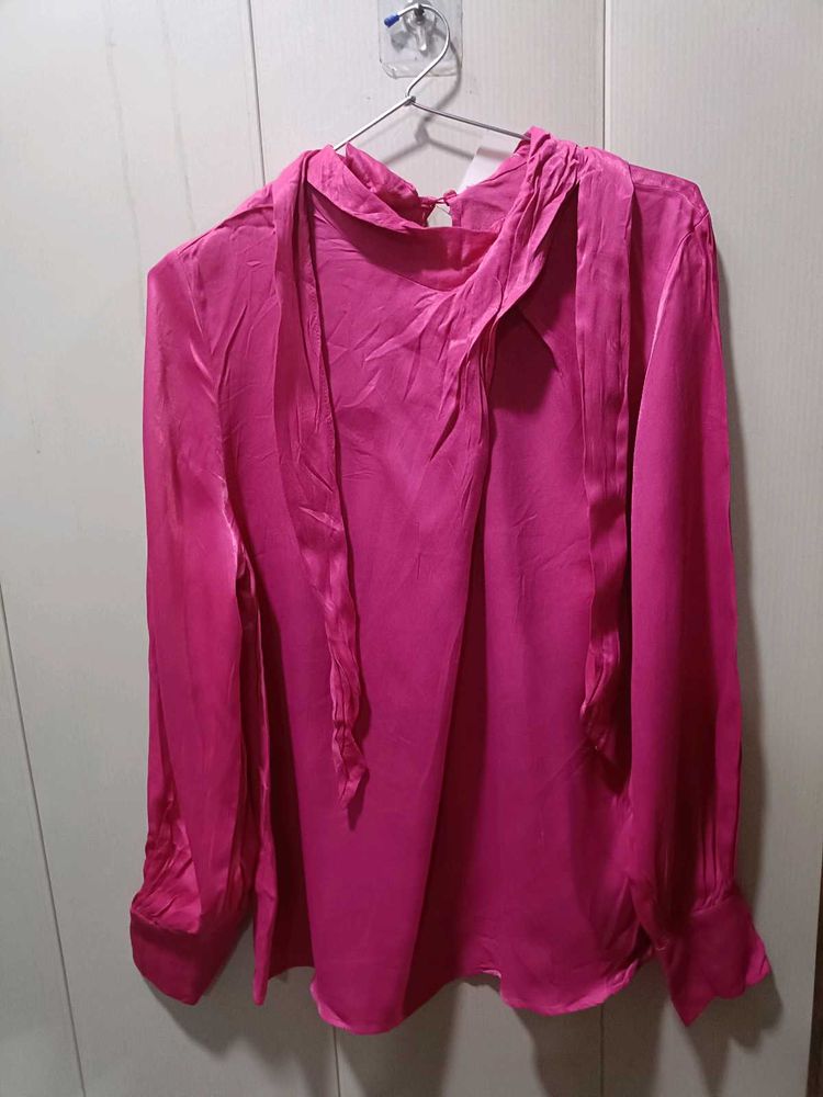 Hot Pink Tie-Neck Blouse