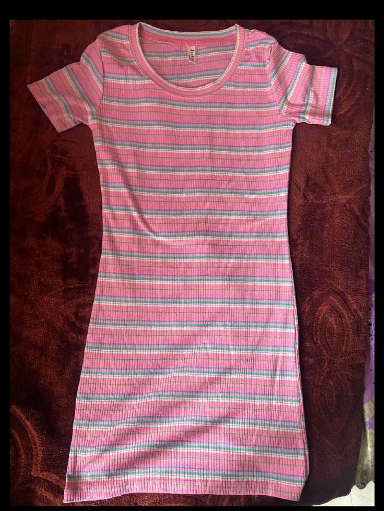 Pink Striped Ribbed T-Shirt Dress