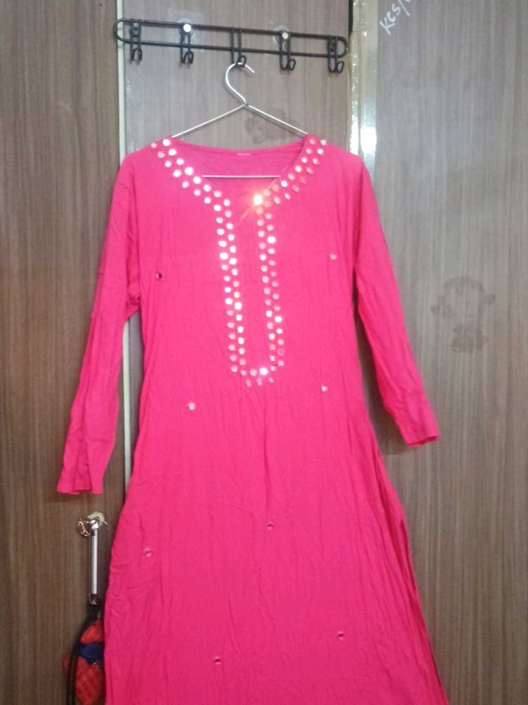 Pink Mirror Embellished Kurti