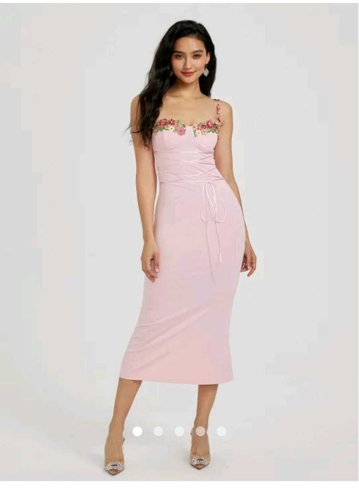 Floral Embroidered Pink Corset Midi Dress