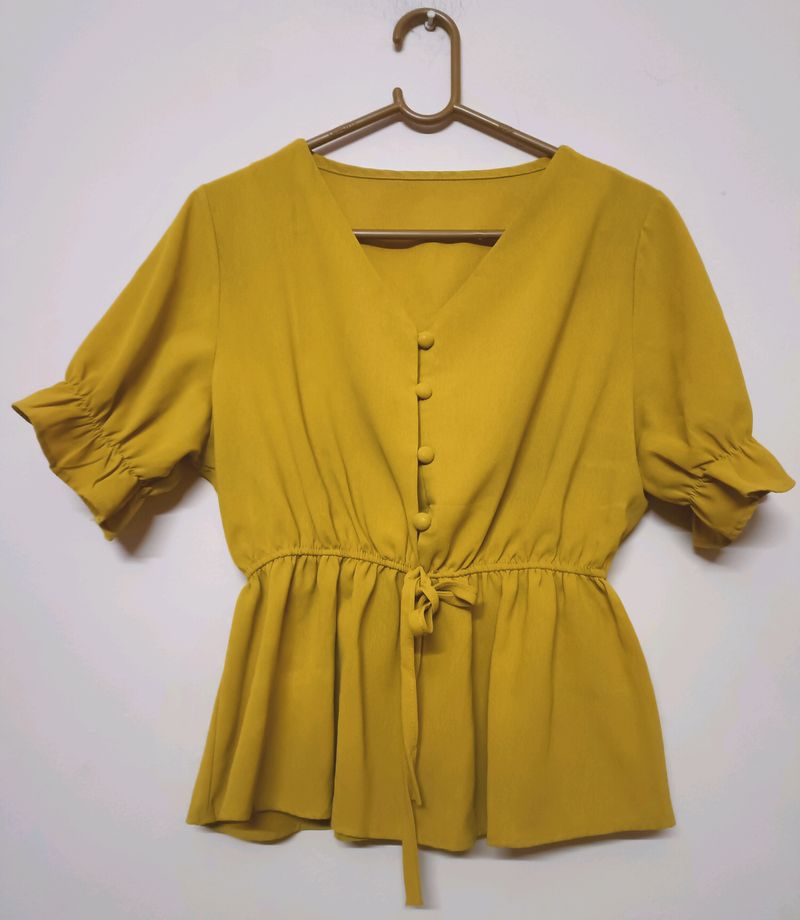 Clinched Waist Mustard Colour Crop Top (Women&#39;s)