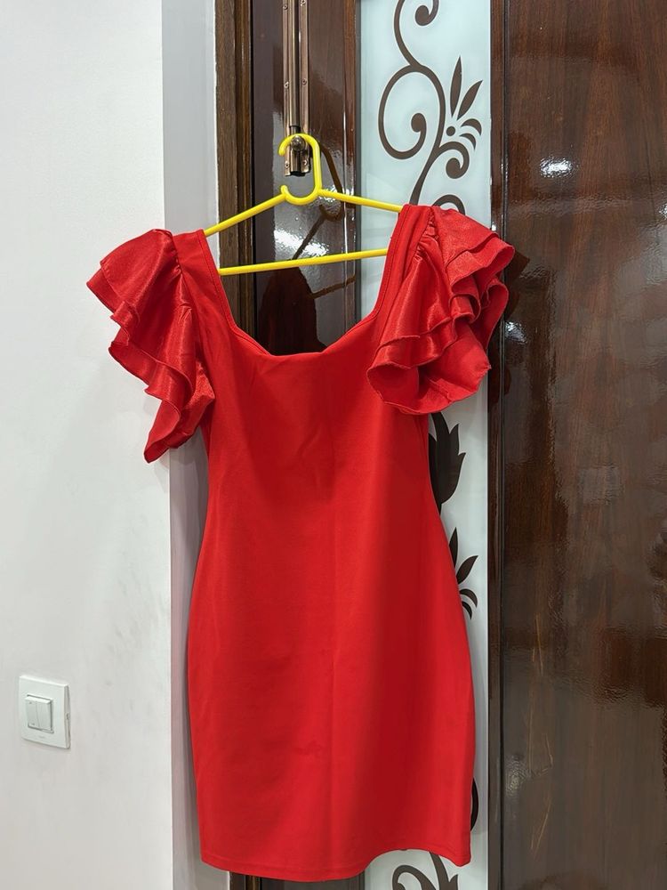 Red Ruffle Sleeve Bodycon Dress