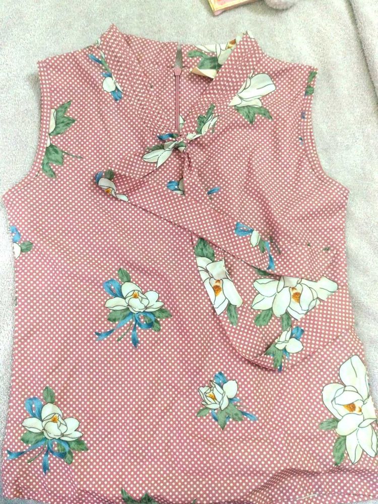 Floral Polka Dot Tie-Neck Top