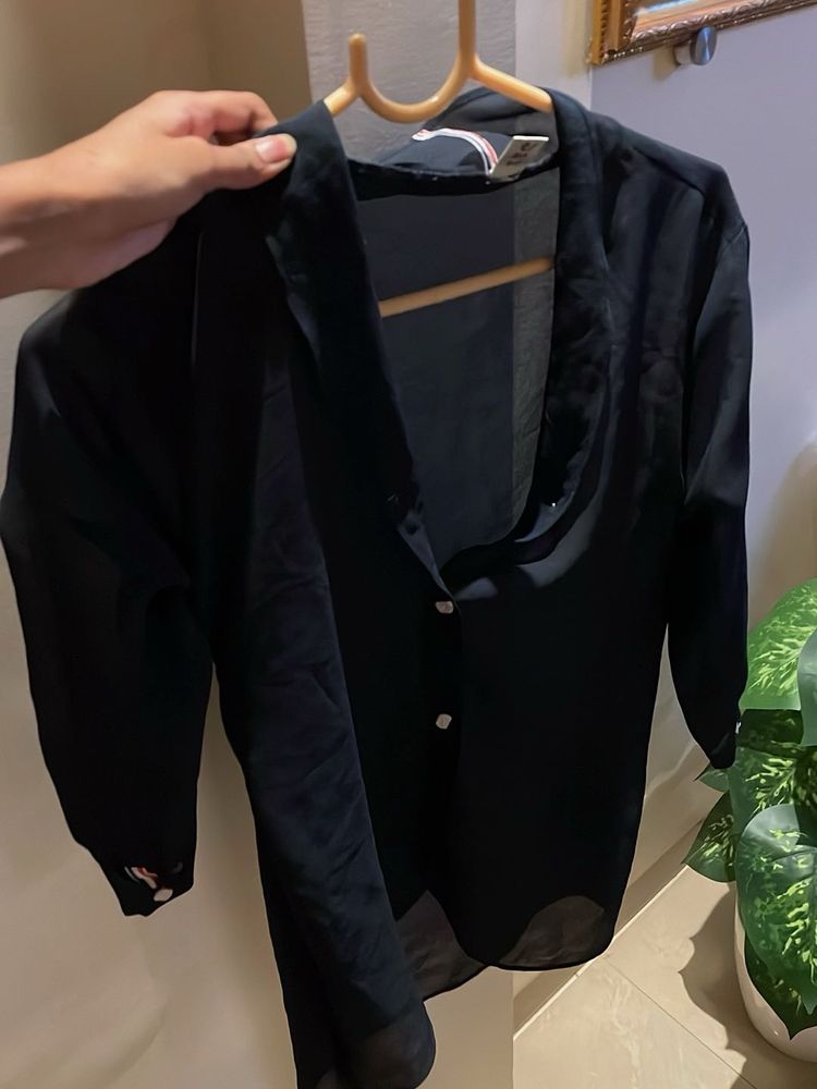 Elegant Navy Blue Sheer Blouse