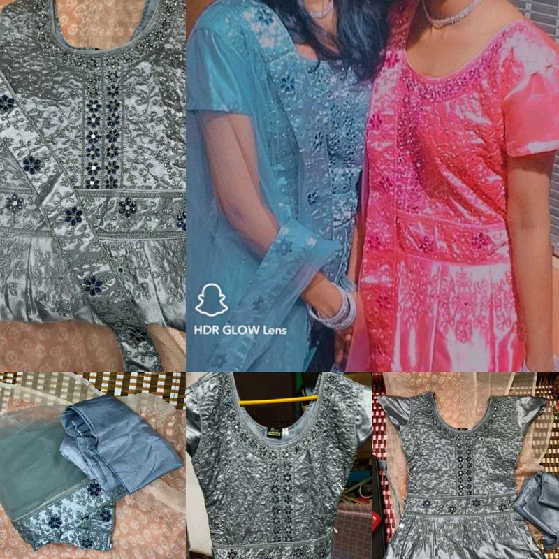 Elegant Sliver Embroidered Party Wear Dress wi