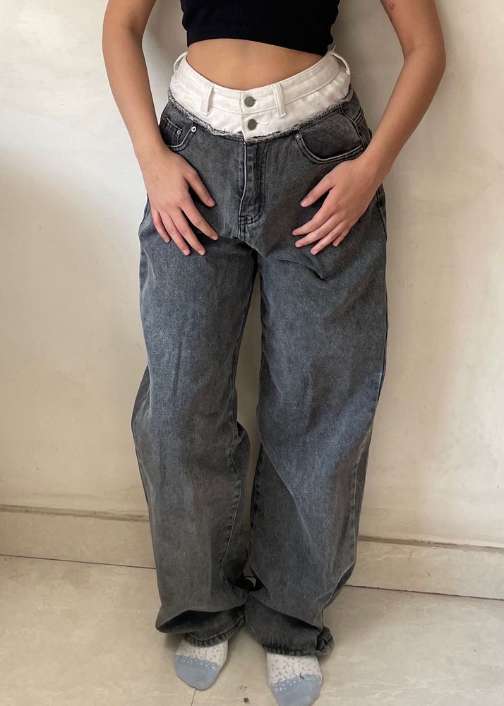 Grey Wide Leg Denim Jeans