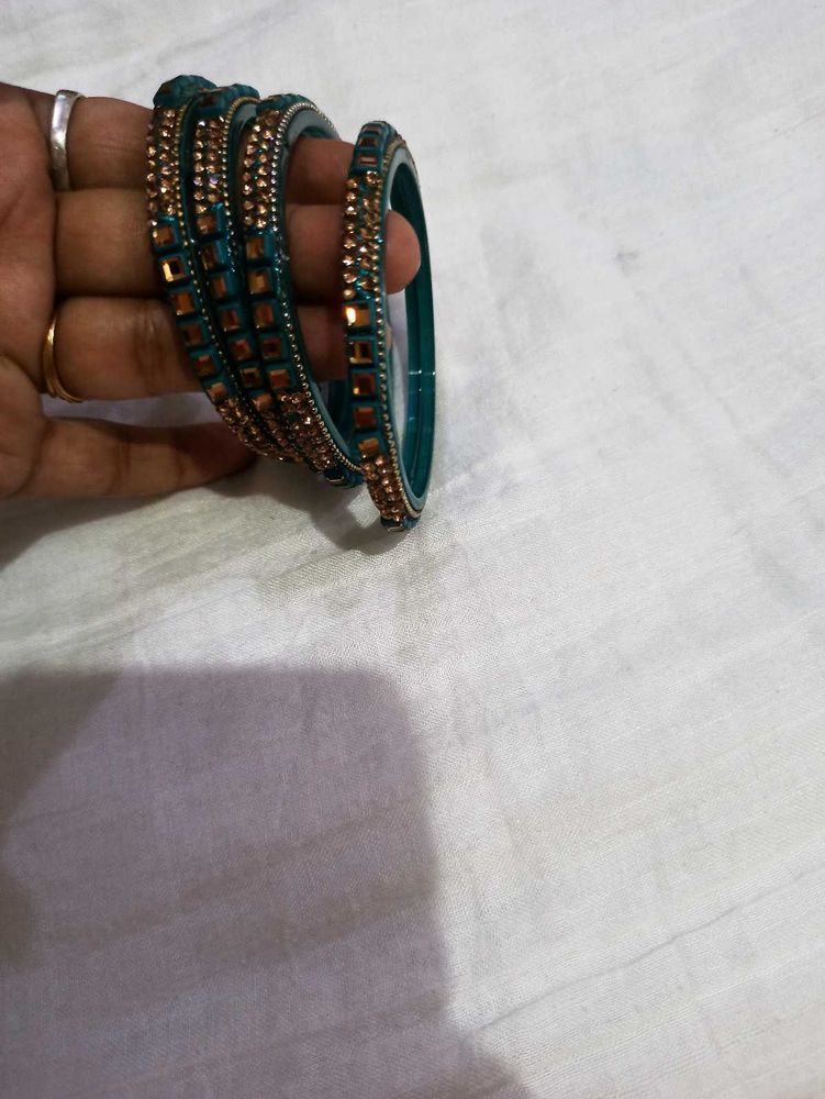 Teal &amp; Gold Beaded Bangles