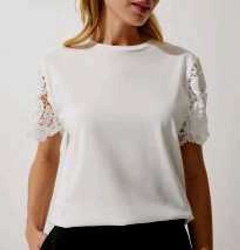 White Very Soft Top With Rose Design On Sleeves