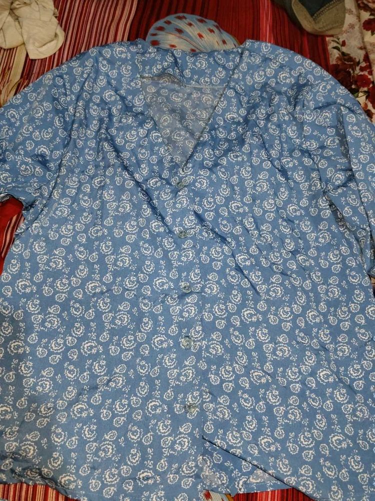 Blue Floral Button-Down Top