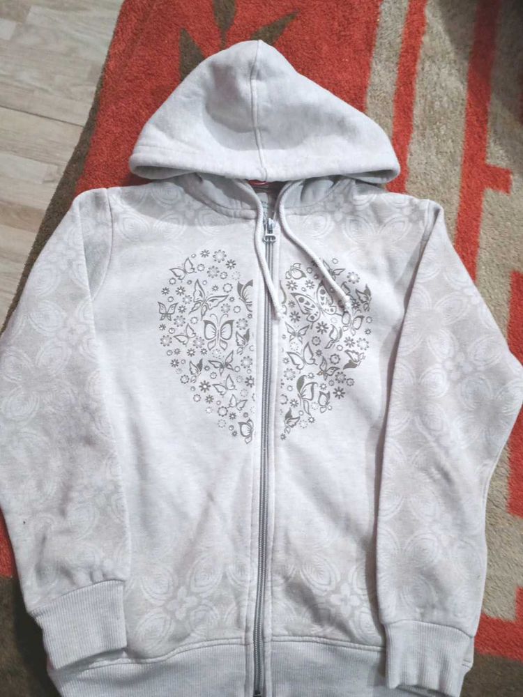 Grey Heart Print Zip-Up Hoodie