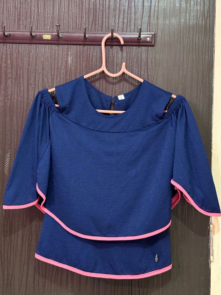 Navy &amp; Pink Cold Shoulder Top