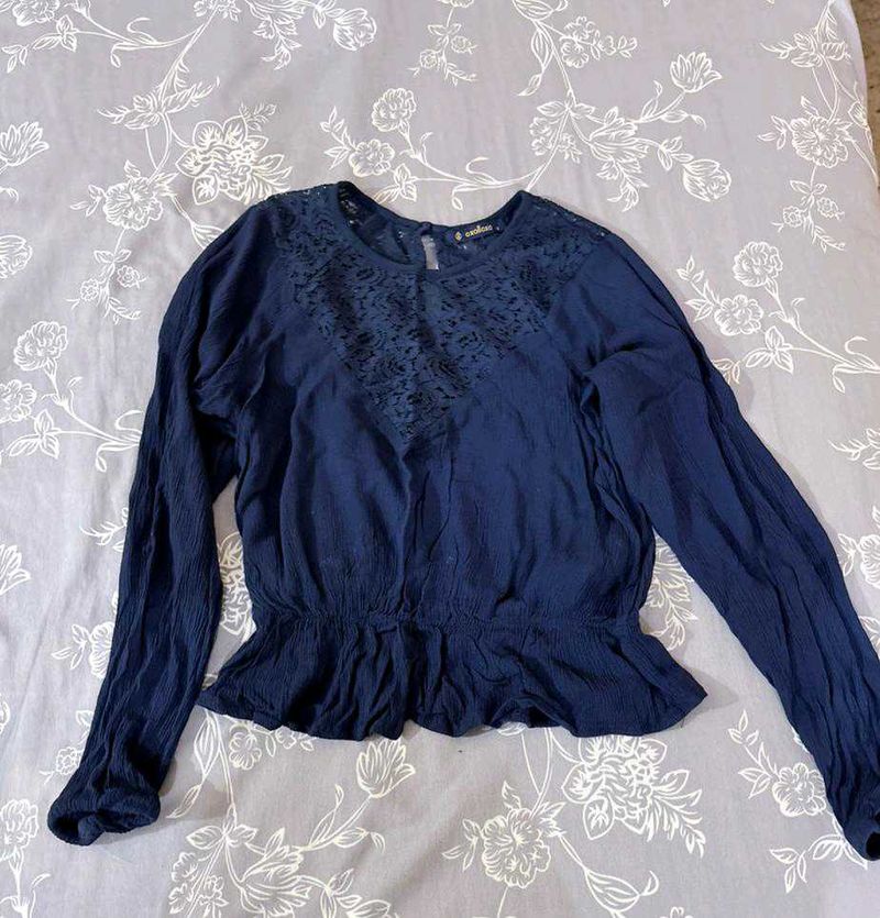 Navy Blue Lace Detail Blouse