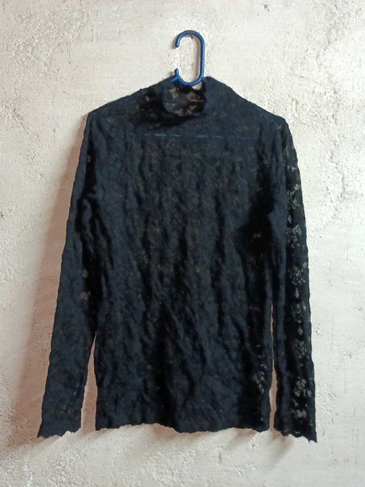 See-through Lace Top Mock Neck Black 🖤