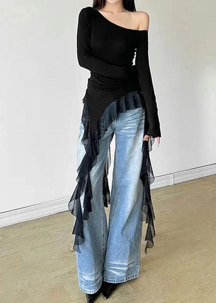 Long Sleeve One Shoulder Plain Asymmetrical Ruffl