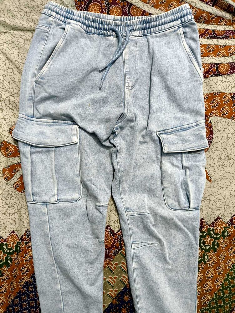 Zudio Light Wash Denim Cargo Joggers
