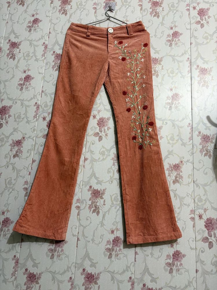 Embroidered Corduroy Flare Pants