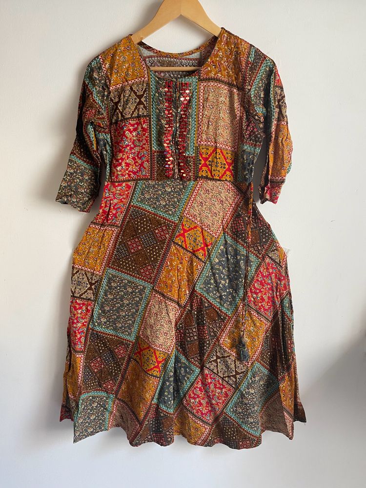 Multicoloured Cotton Kurtha With Mirrors