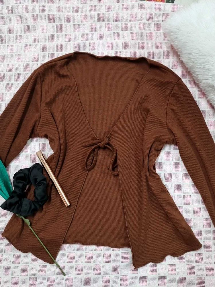 Cute Brown Tie Front Top