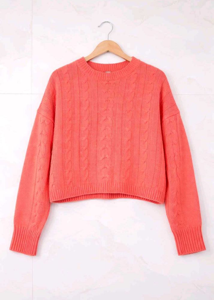 Coral Cable Knit Cropped Sweater