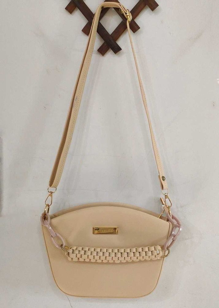 Beige Crossbody Bag with Chain Detail
