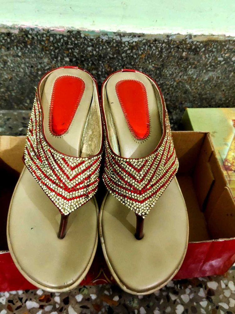Red &amp; Gold Embellished Sandals