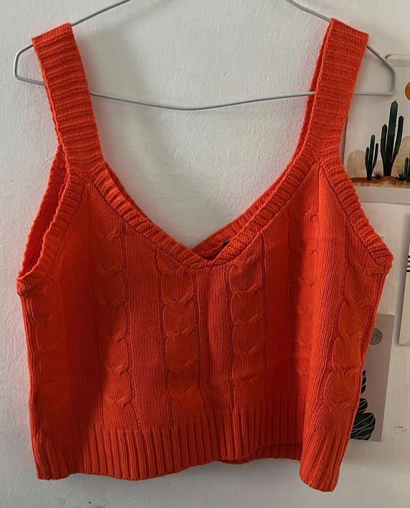 Orange Knit Crop Tank Top