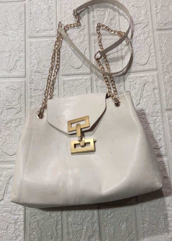 White &amp; Gold Chain Shoulder Bag