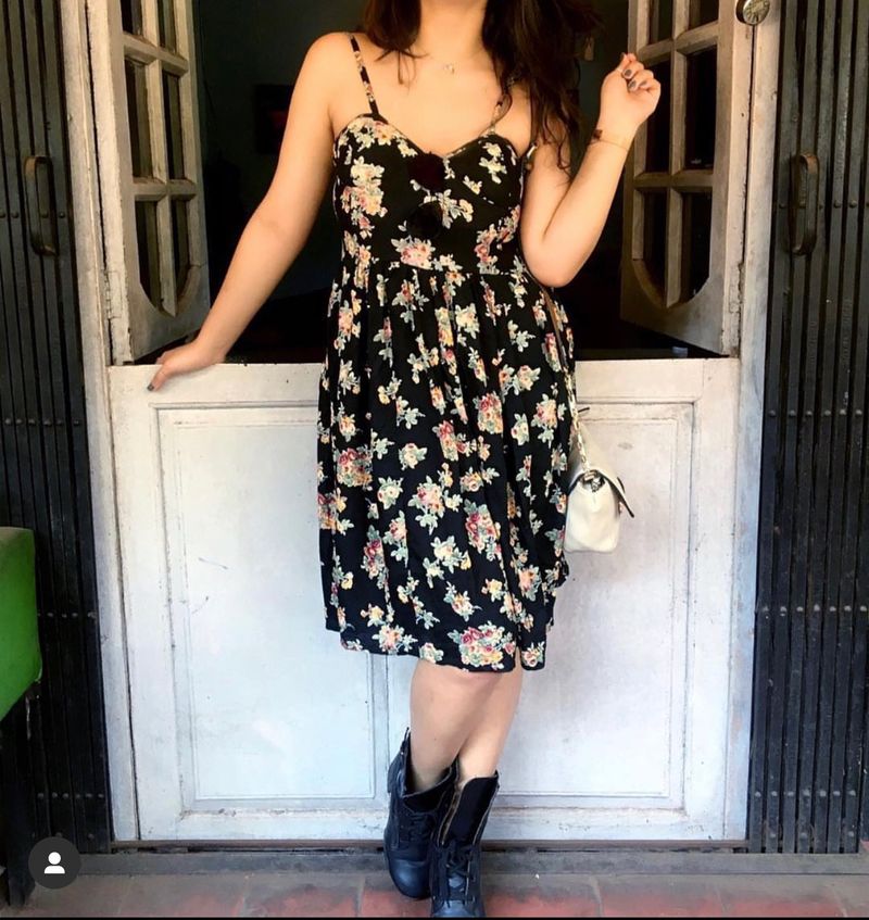 Black Floral Dress, Skater, Backless &amp; Padded