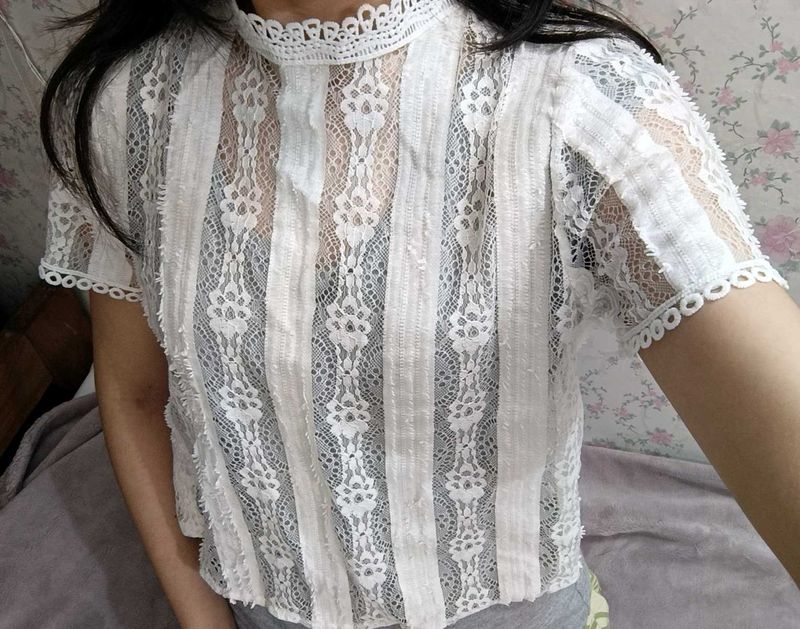White Lace High Neck Top