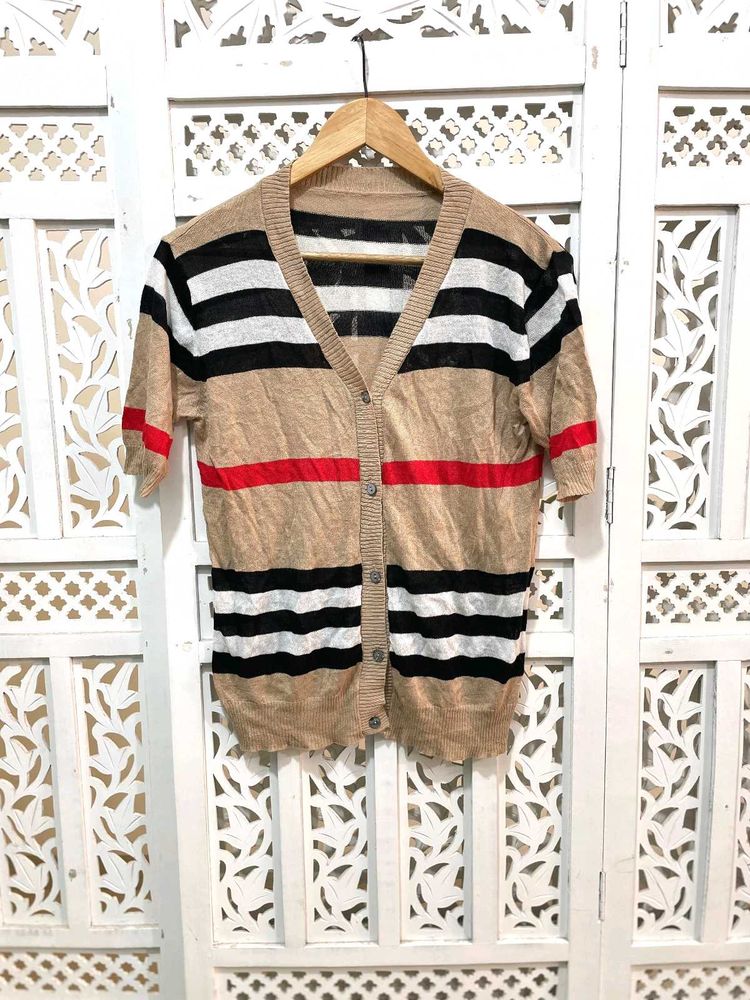 Korean Stripped Button Up Short Sleeves Cardigan C