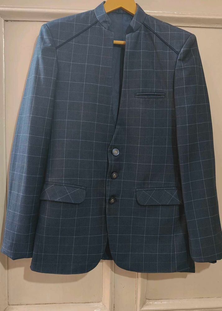 Navy Blue Checked Blazer With Pant