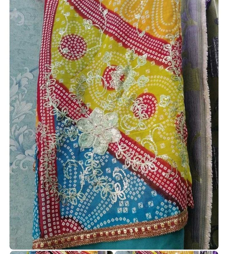 Bandhani Saree - Yellow, Blue, and Red
