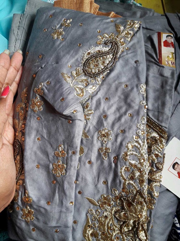 Gray Embroidered Salwar Kameez Material With Tag