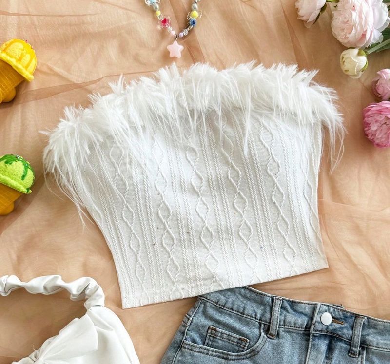 White Feather Trim Tube Top