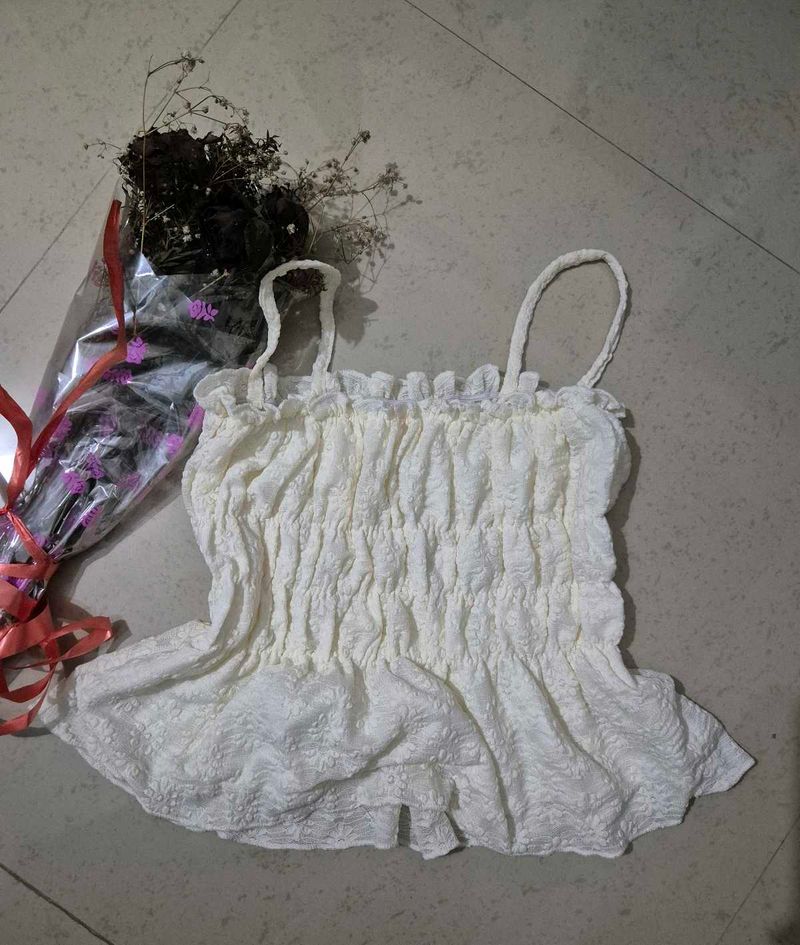 White Shirred Tank Top