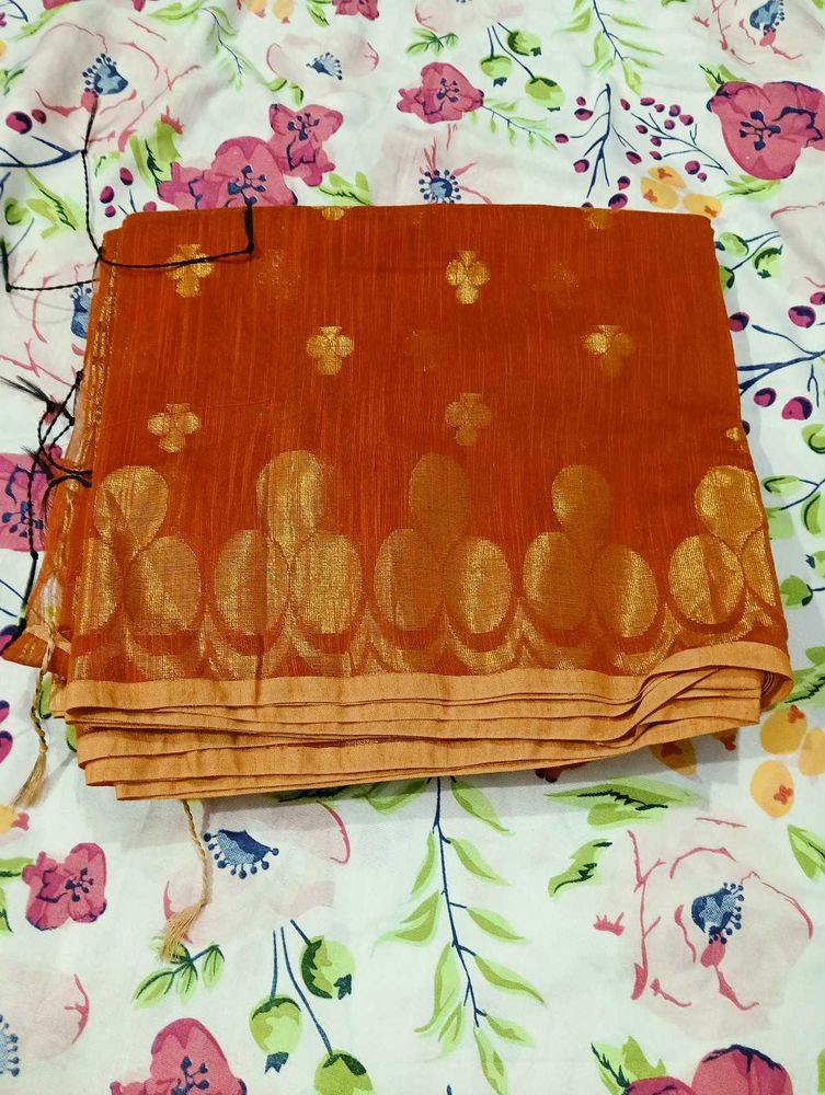 Chanderi Cotton Orange Saree