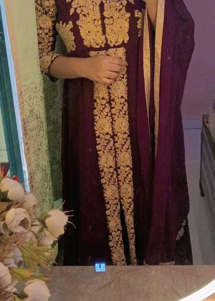 Elegant Burgandy &amp; Gold Embroidered Dress
