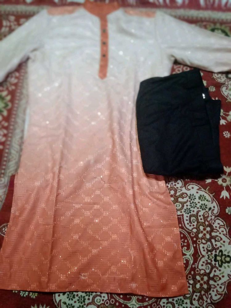 Peach &amp; White Kurta Set